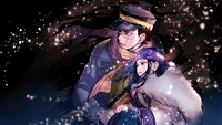 Asirpa und Saichi Sugimoto in einer schneebedeckten Umarmung aus Golden Kamuy