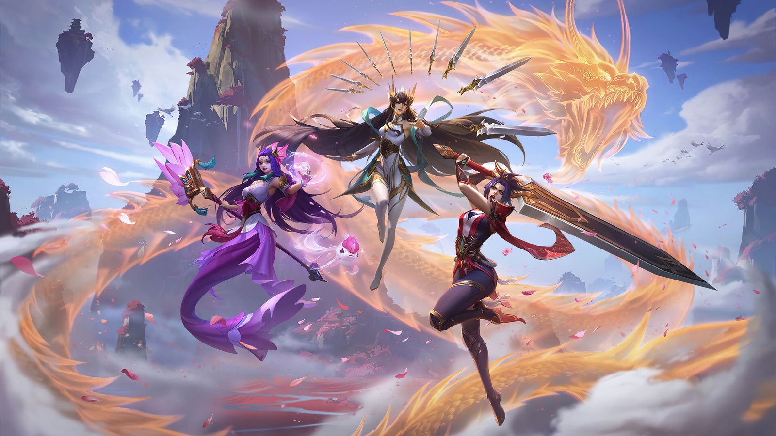 A couple of women are flying through the air with swords (splendid, nami, valiant sword, riven, divine sword)