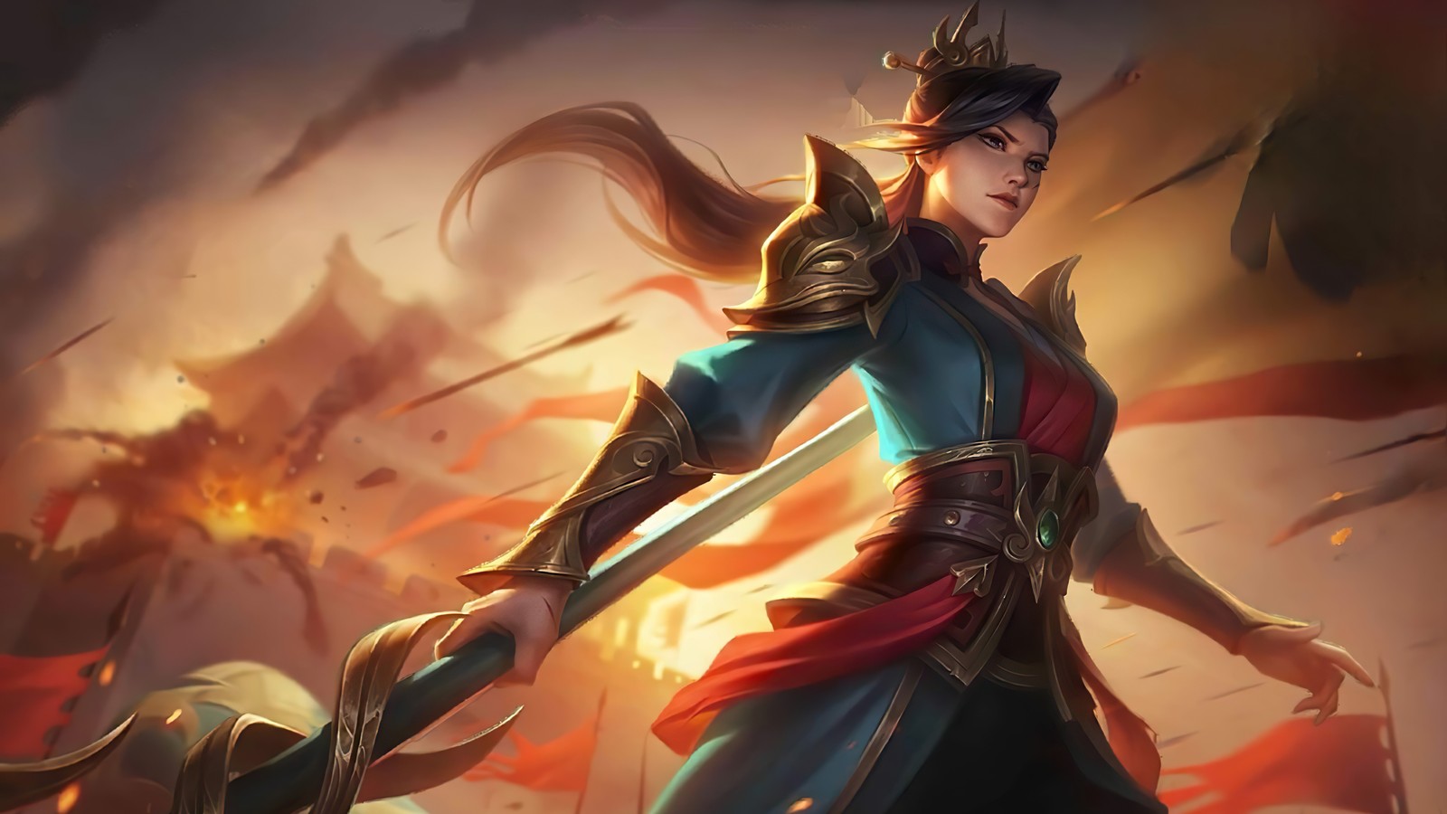 Une femme en tenue bleue et rouge tenant une épée (silvanna, pure heroine, mobile legends, bang bang, mlbb)