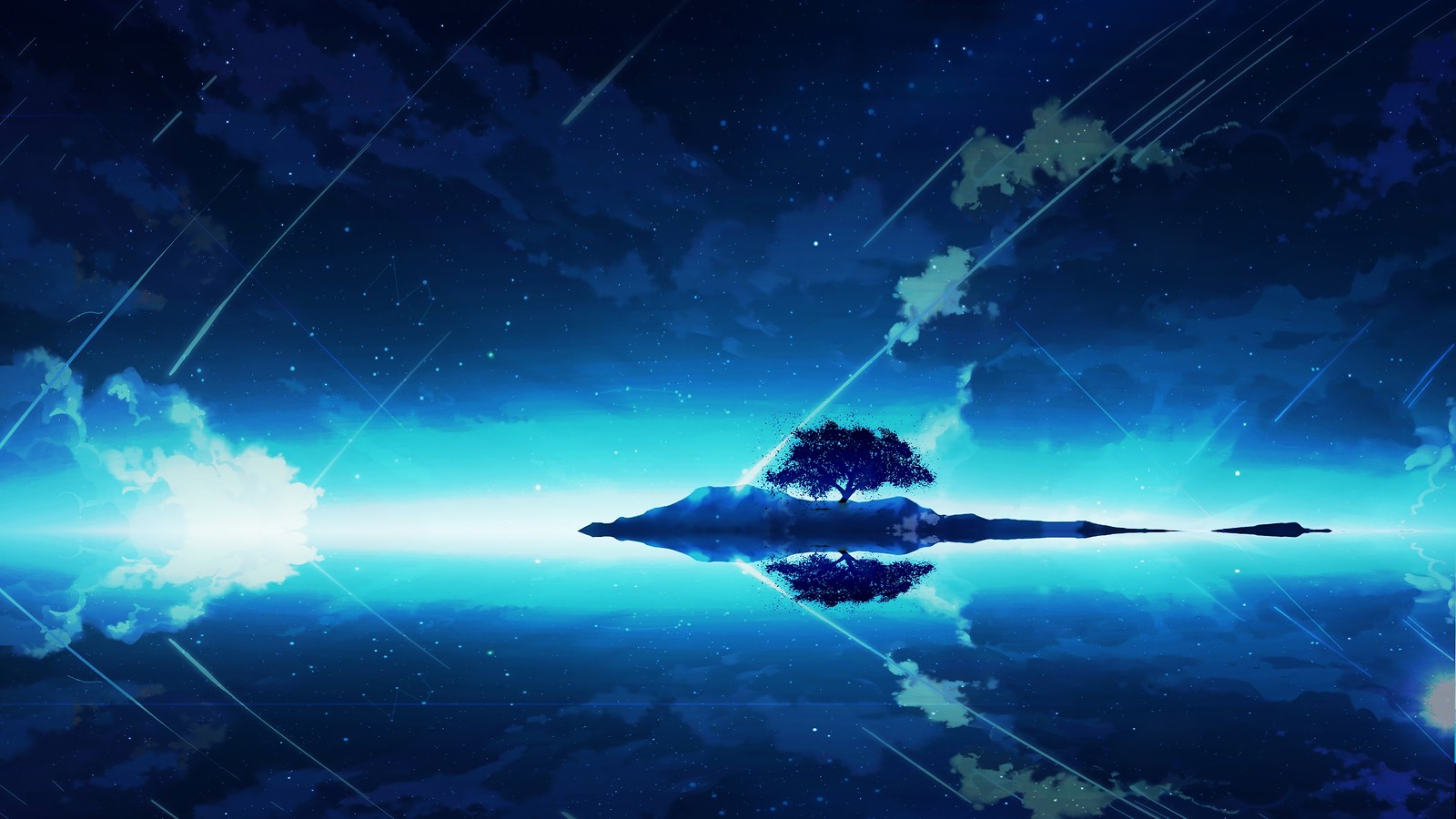 Un cielo azul con nubes y un solo árbol en la cima (anime, escenario, noche, cielo, nubes)