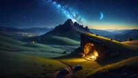 Serene Cave Under a Starry Sky: A Tranquil Night Landscape