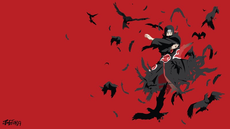 Человек в черном плаще на красном фоне с летучими мышами (itachi uchiha, naruto, красный фон, аниме, anime)