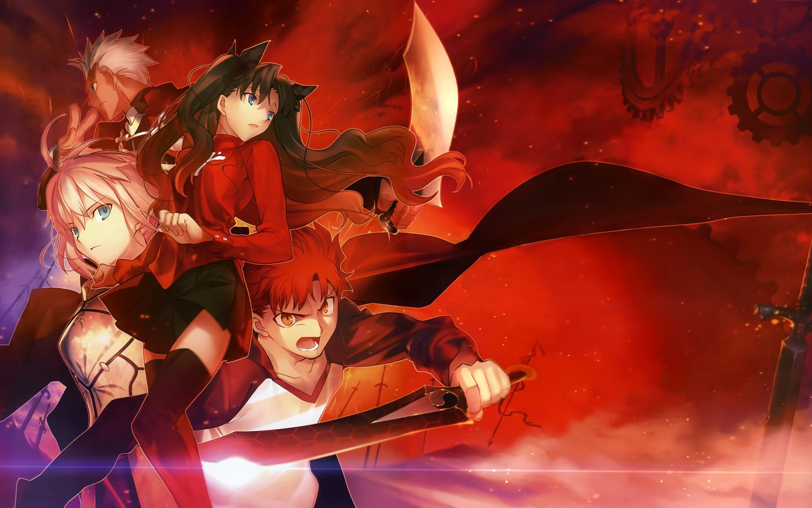 A group of anime characters standing in front of a red background (archer, saber, shirou emiya, supernatural creature, fatezero)