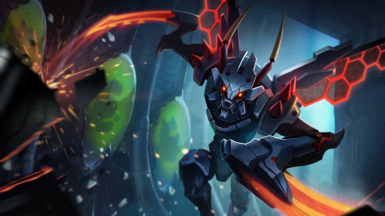 A close up of a robot with a glowing face and a sword (khazix, mecha, skin, lol wild rift, splash art)