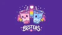 Mejores amigos para siempre: Té de burbujas Kawaii con corazones de amor sobre un fondo estético púrpura