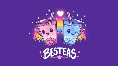 Beste Freunde für immer: Kawaii Bubble Tea mit Liebesherzen auf einem lila ästhetischen Hintergrund