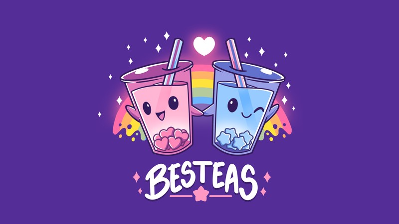 Две чашки чая с надписью bestteas на них (кавайный бубль чай, сердца любви, радуга, лучшие друзья, милые кружки)