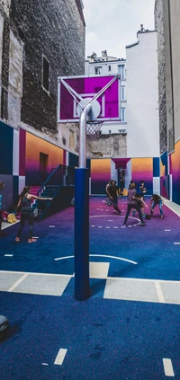 street, basketball, basketball hoop, building, purple