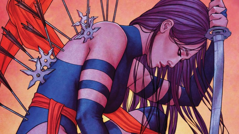 A close up of a woman with a sword and a red flag (psylocke, marvel comics, comics)