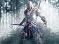 Connor Kenway, prêt avec une hache dans une forêt brumeuse, incarnant l'esprit d'un Assassin dans "Assassin's Creed III".