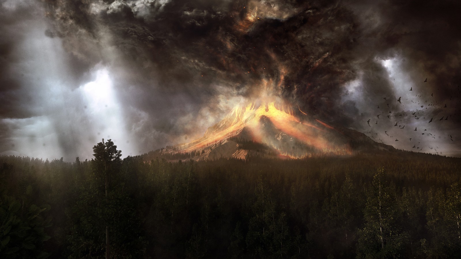 Un grand nuage de fumée qui s'élève d'une montagne (atmosphère, ensoleillement, arbre, nuage, forêt)