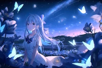 Paysage de rêve surréaliste : Une fille anime solitaire entourée de papillons lumineux sous un ciel étoilé