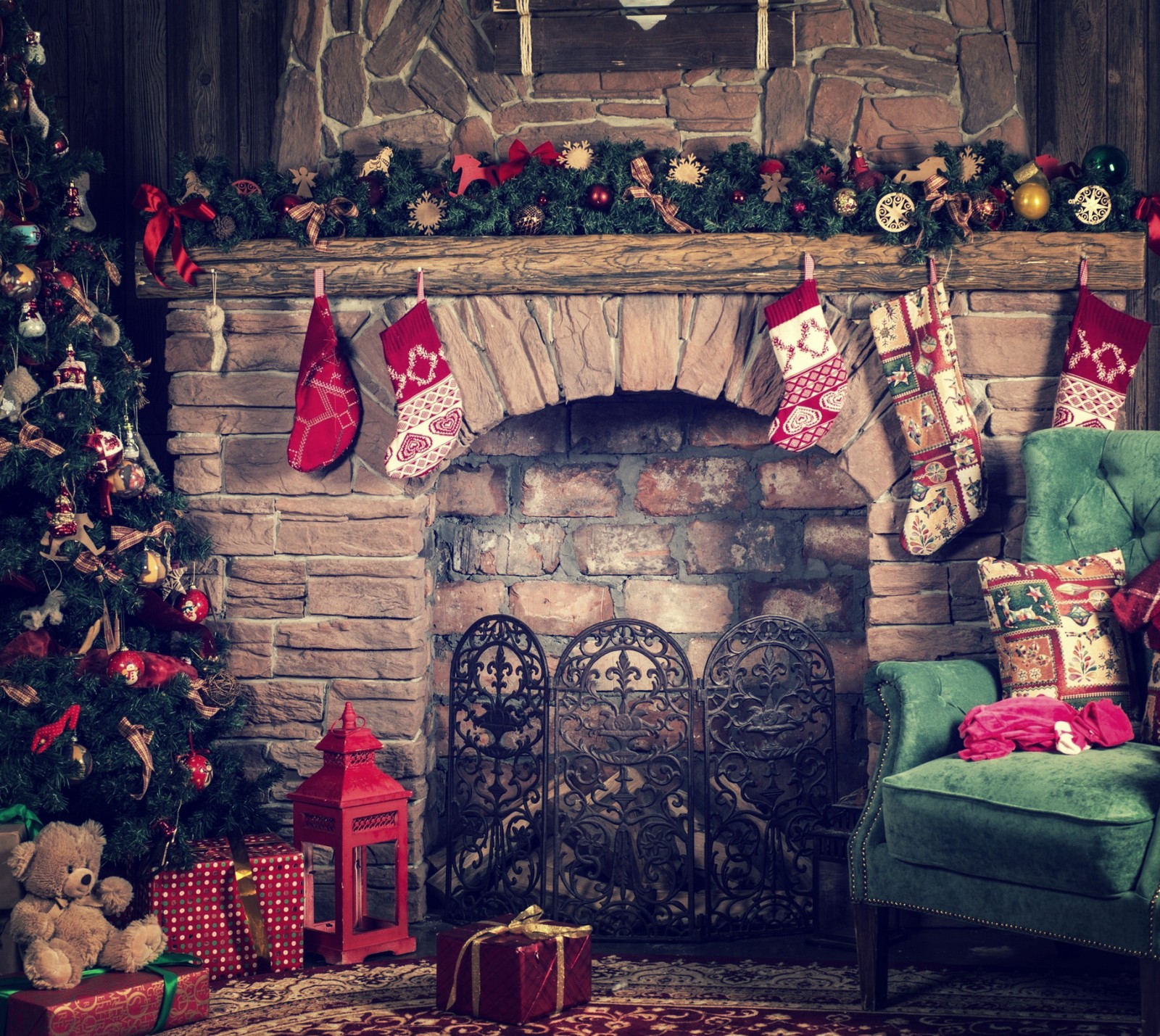 Téléchargez le fond d'écran décorations de noël, sapin de noël, cheminée