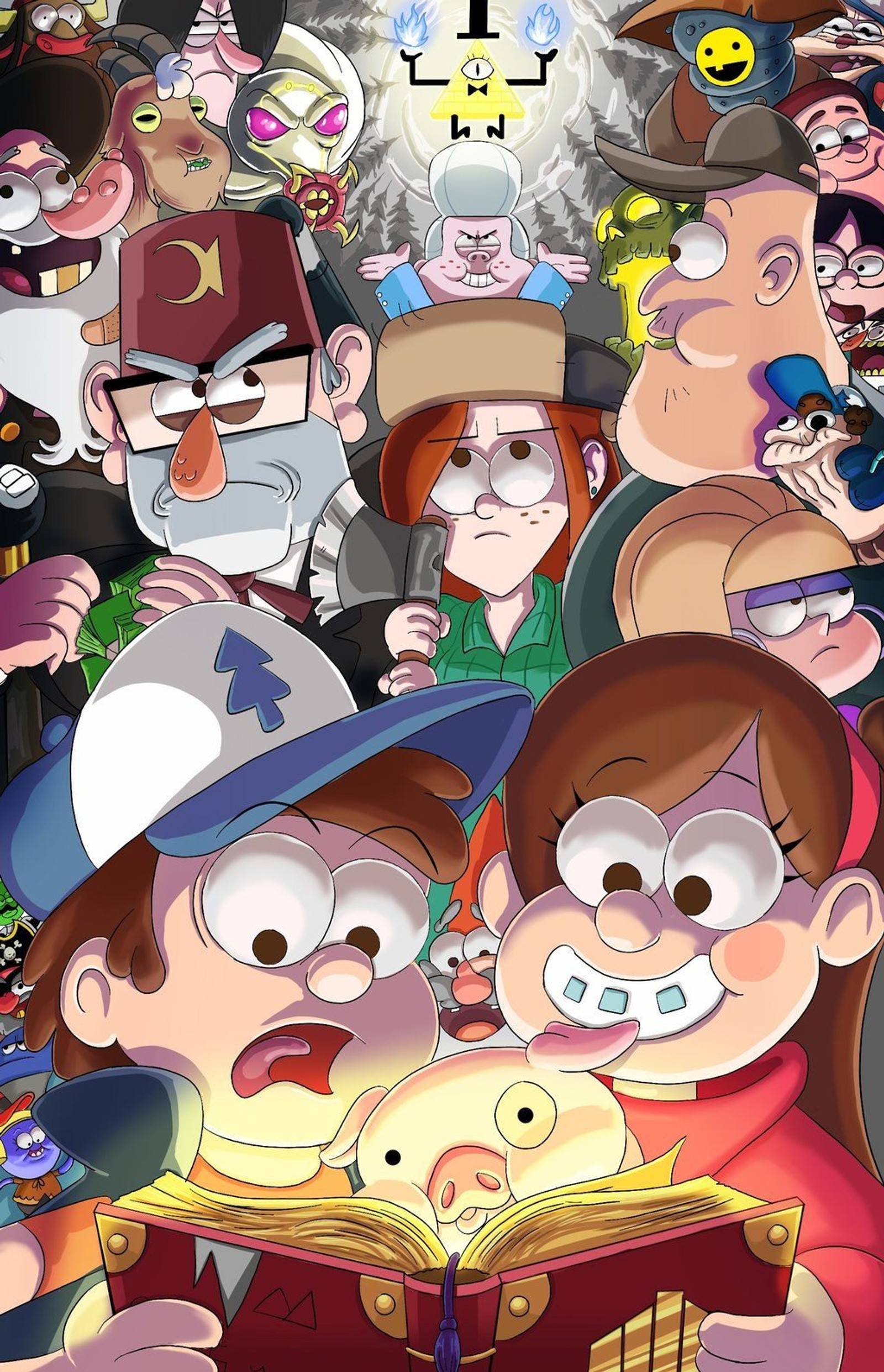 Los personajes de caricaturas se reúnen alrededor de un libro con una luz brillante (gravity falls, comedia, kif)