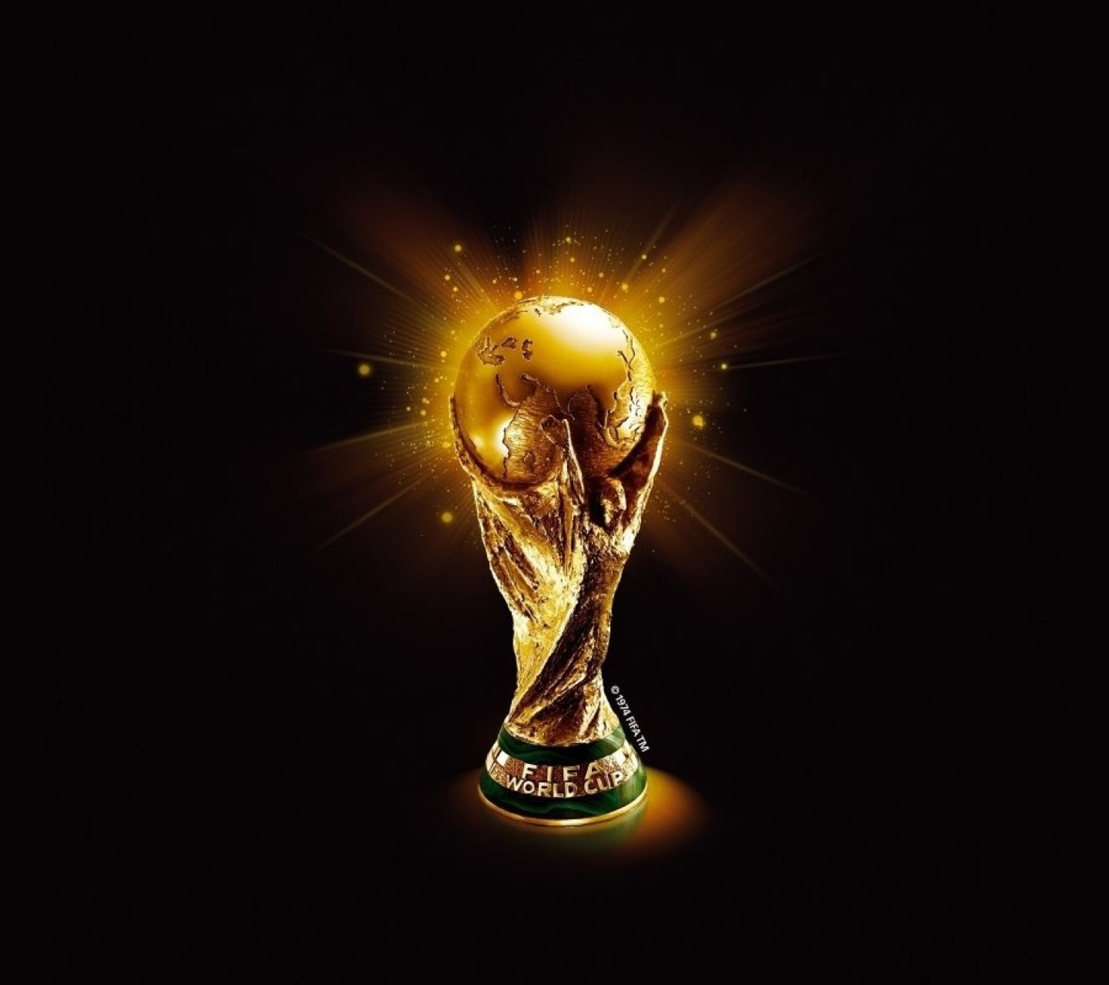 A golden trophy with a hand holding a soccer ball (cup, world cup)