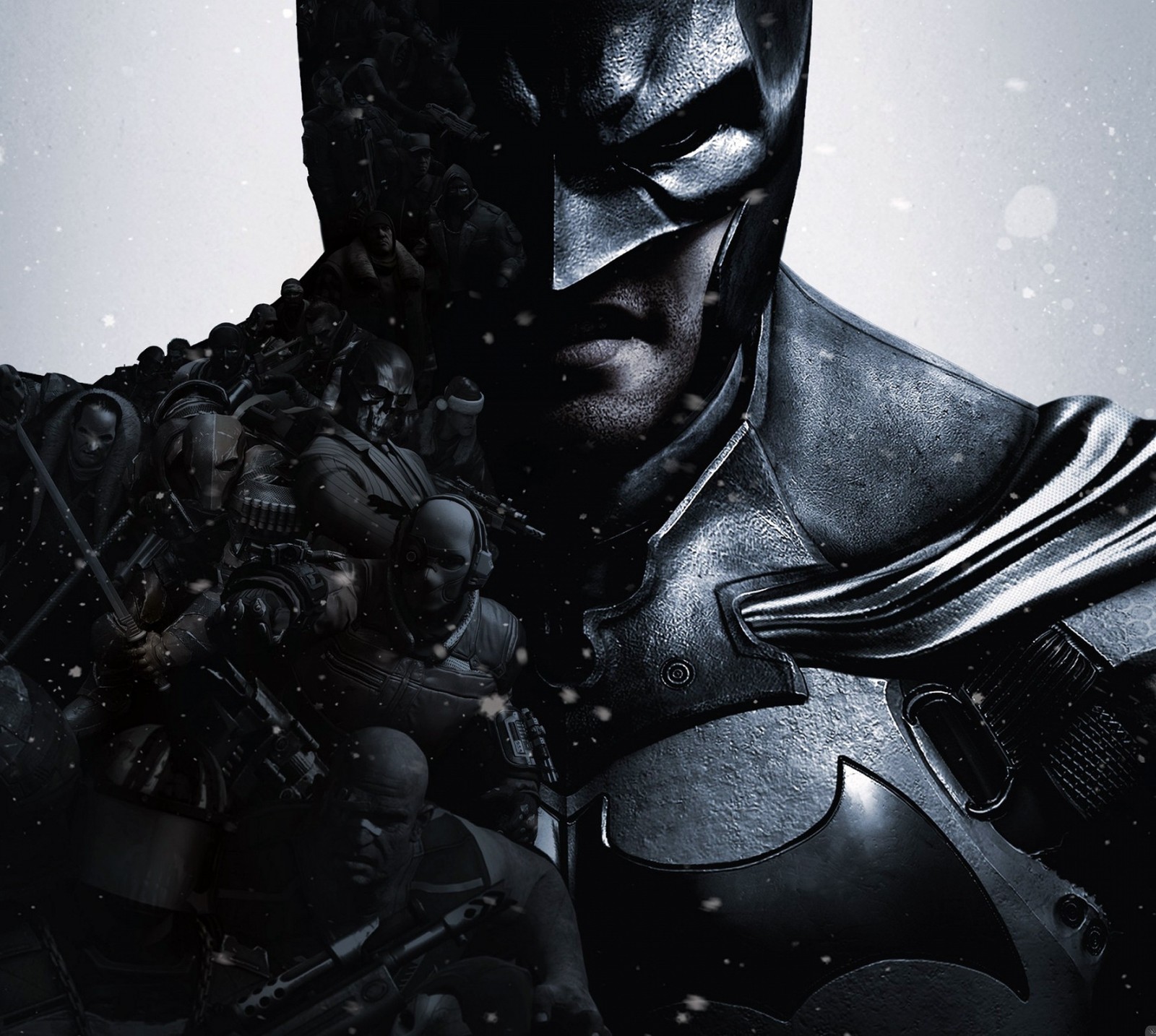 Batman arks in the snow with a bat on his shoulder (arkham, batman, wallpapers)