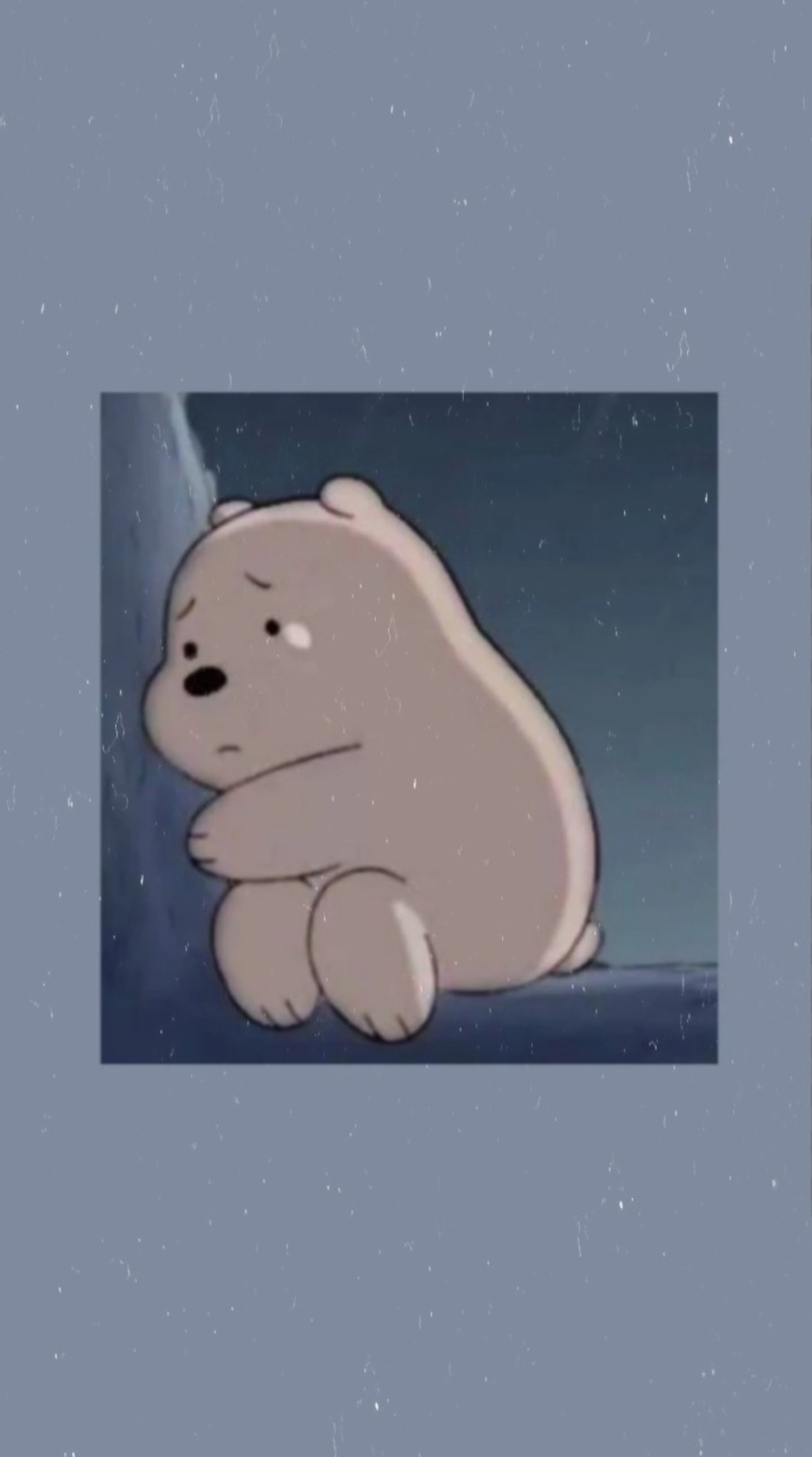 Cartoon of a polar bear sitting on a ledge in the snow (bear, blue, blue aesthetic, cartoon, sad)