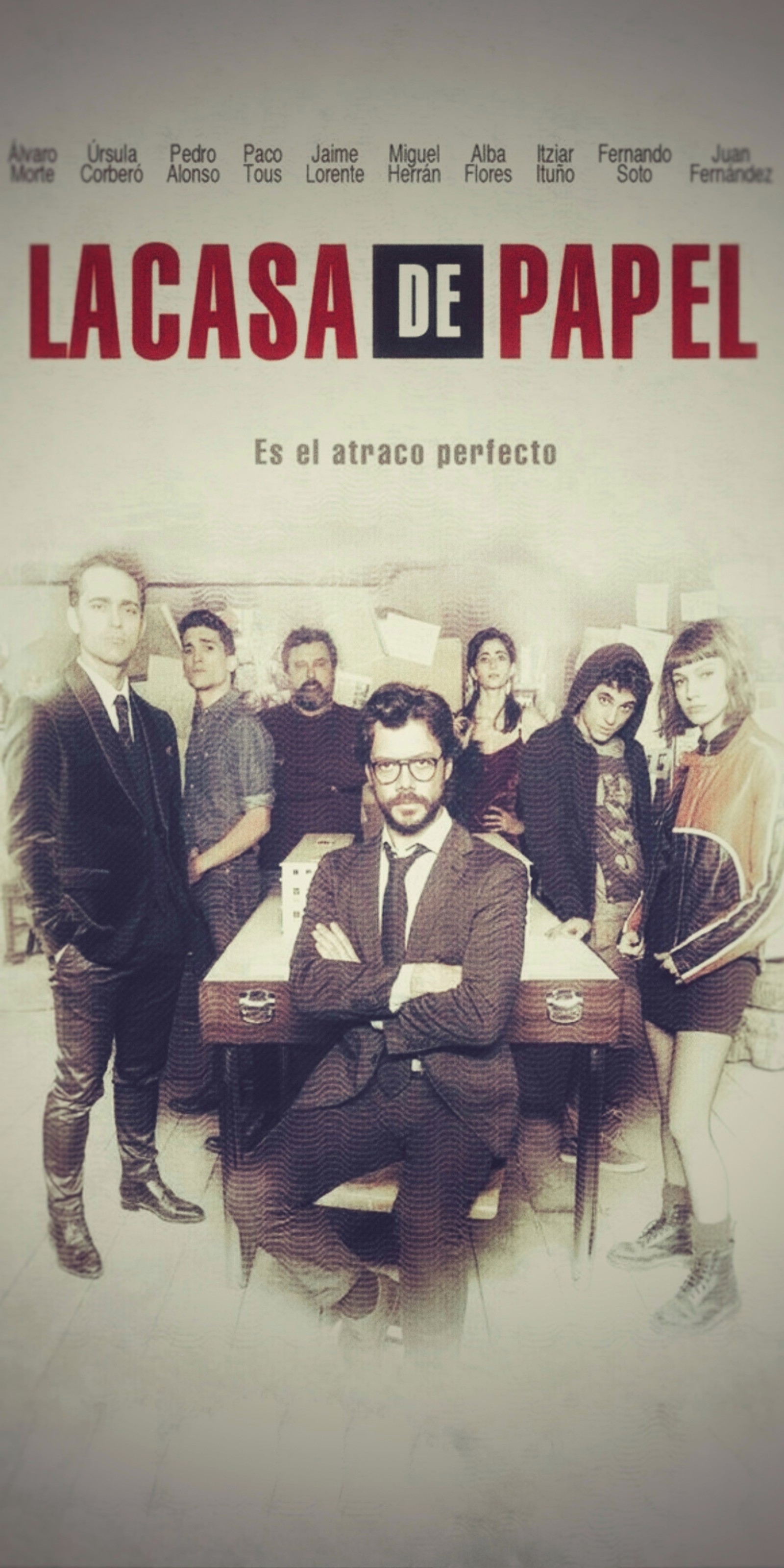 Un cartel de un grupo de personas de pie frente a una mesa (película, palomitas, robbery, televisión, reloj)