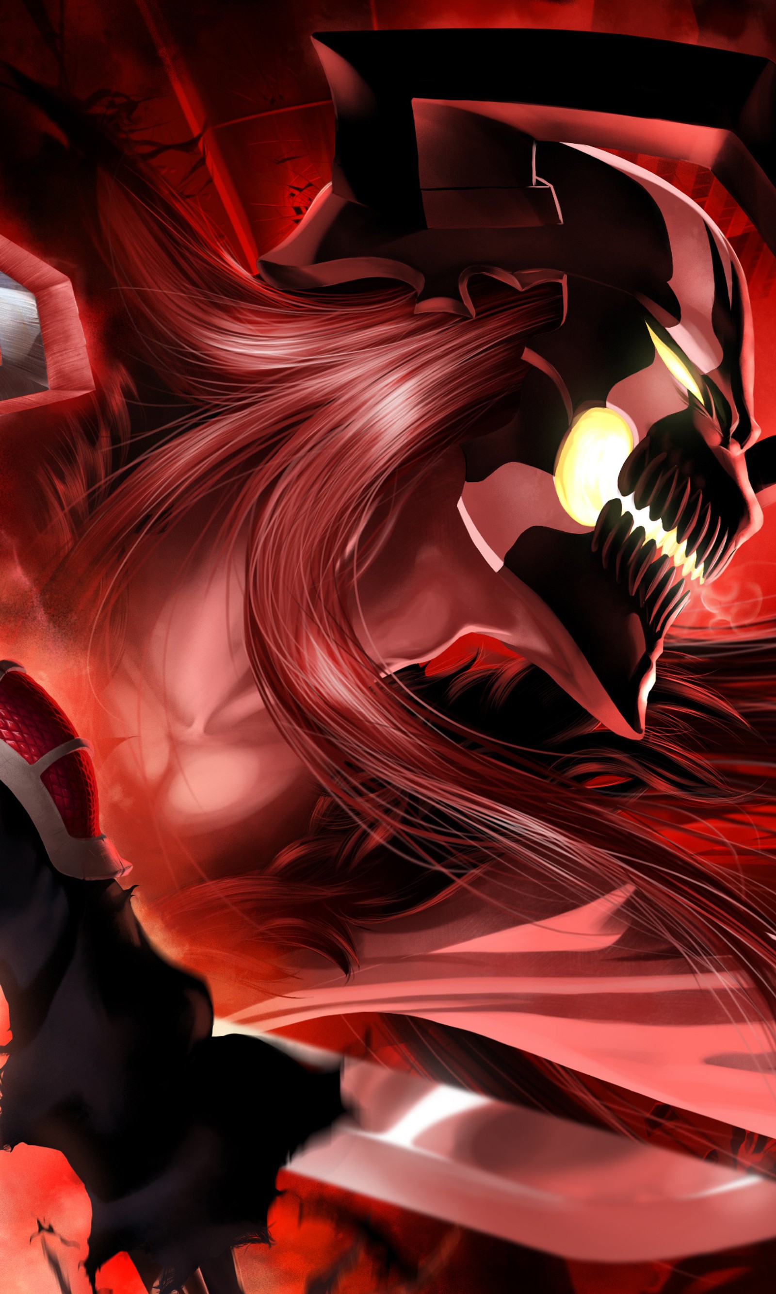 Anime character with a demon like face and a sword in his hand (anime, bleach, ichigo)