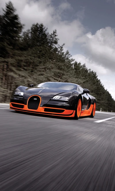 Sleek Black and Orange Supercar in Motion on a Scenic Road