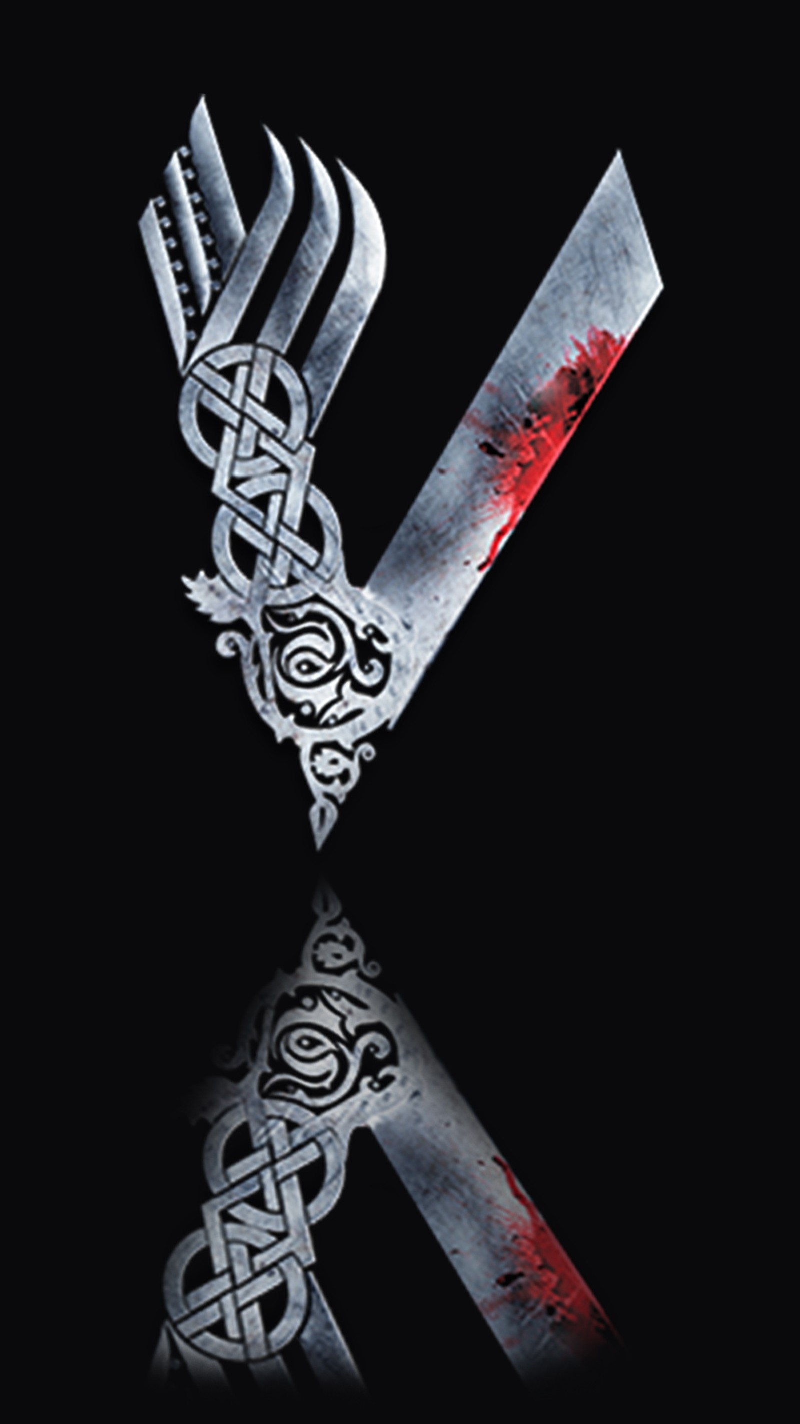 A close up of a knife with a red blade on it (blood, logo, series, the, vikings)