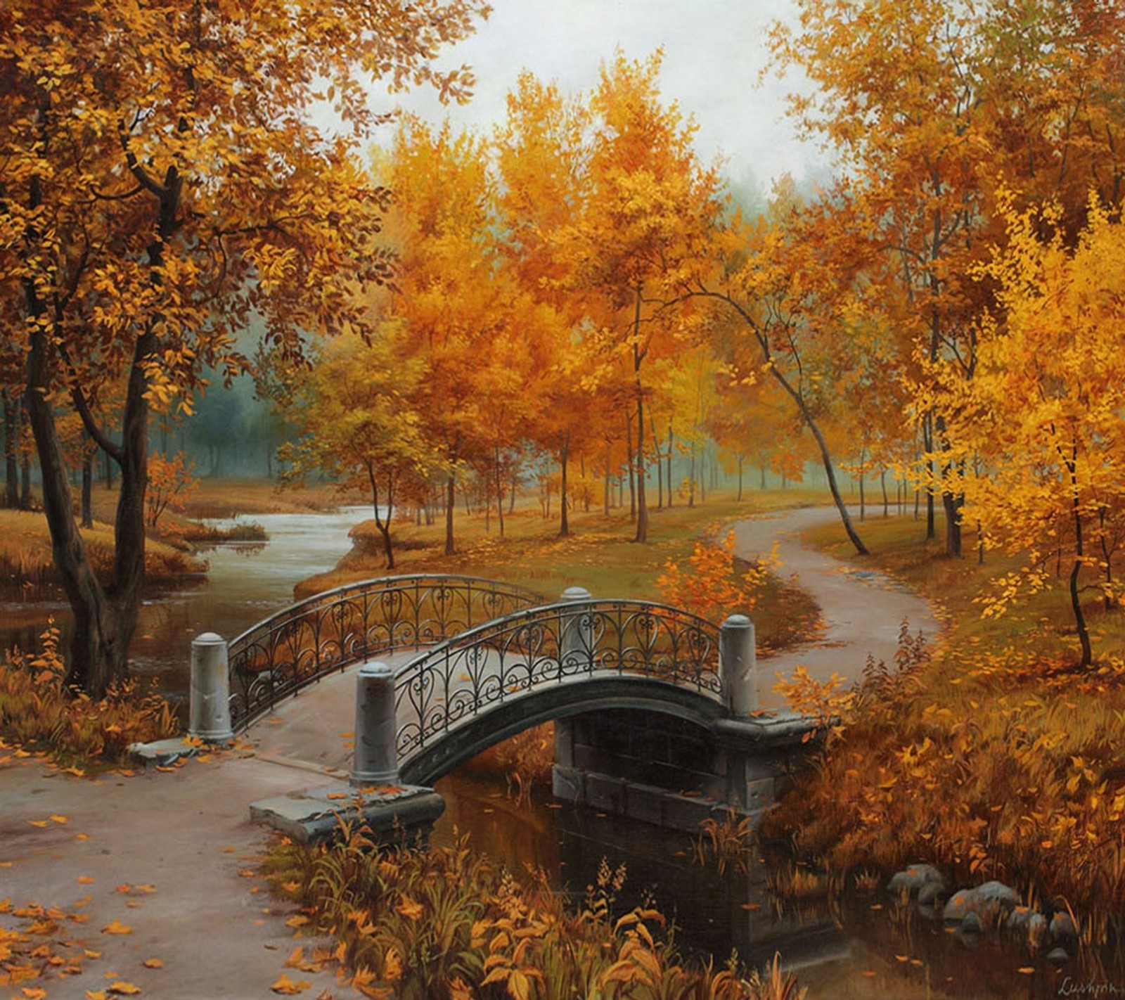 Peinture d'un pont sur un ruisseau dans un parc avec des arbres (beau, parc)