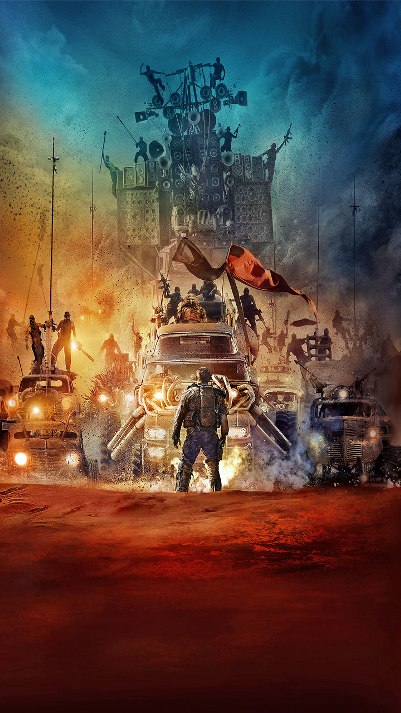 Arafed image of a man walking in front of a large truck (mad, max, movie)