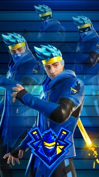 Ninja-Charakter in dynamischer Pose mit blauem Thema aus Battle Royale-Spiel