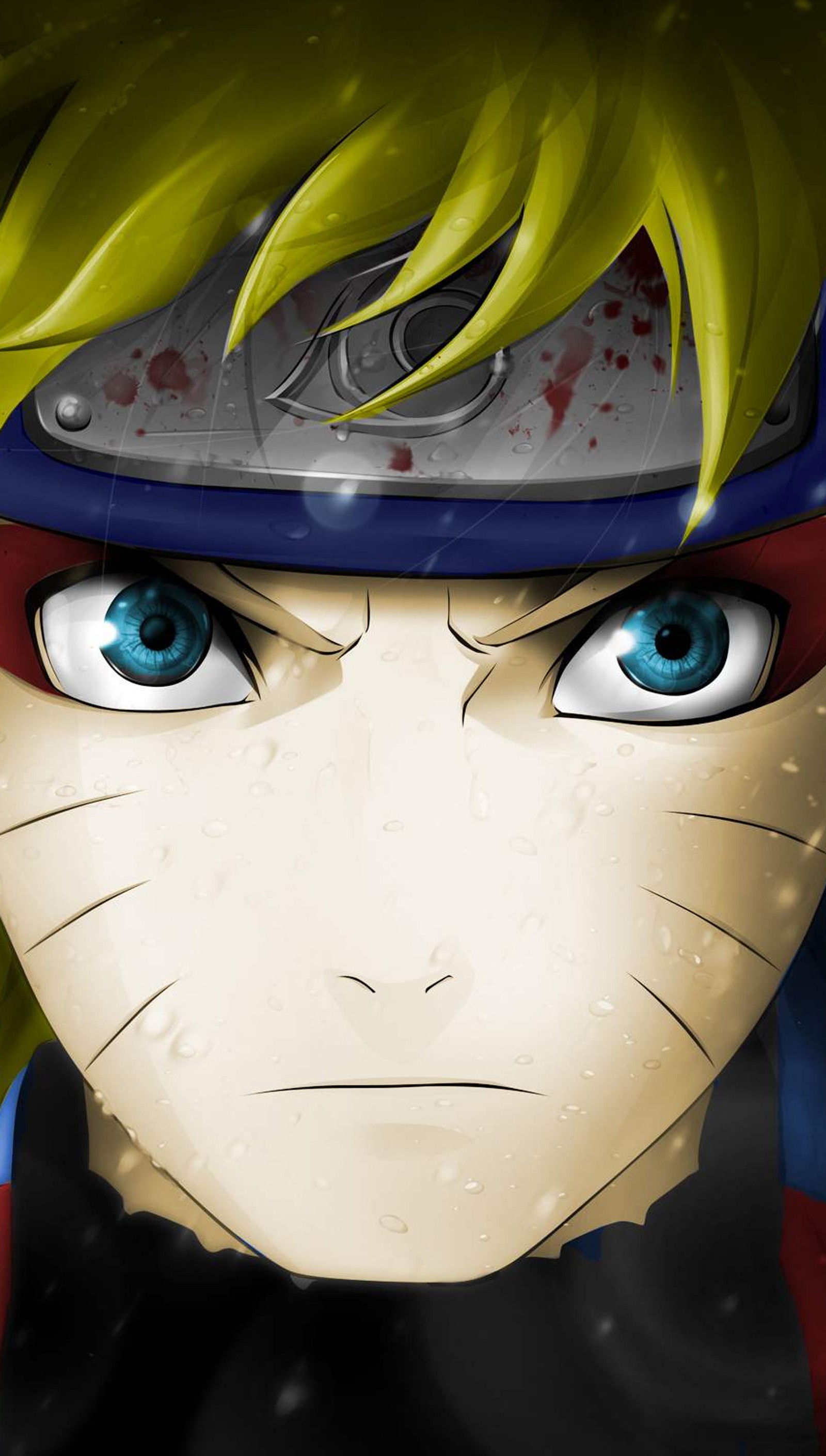 Personagem de anime com olhos azuis e cabelo amarelo em um fundo preto (naruto, senin)