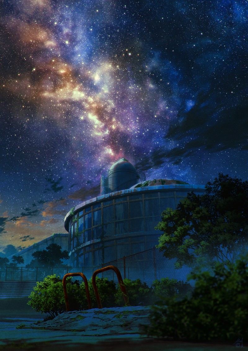 Cenário de anime de um edifício com um grande telescópio no topo (espaço, noite, estrada, planetarium, anime)