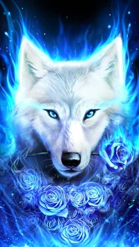 Blue Wolf Surrounded by Ethereal Roses