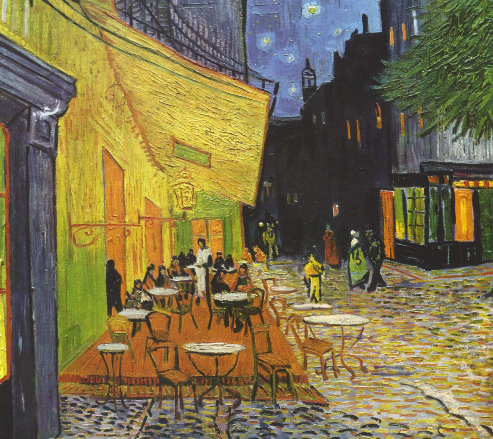 Pintura de una escena de calle con mesas y sillas en una ciudad (arte, famous painting, pintura, van gogh, vincent van gogh)