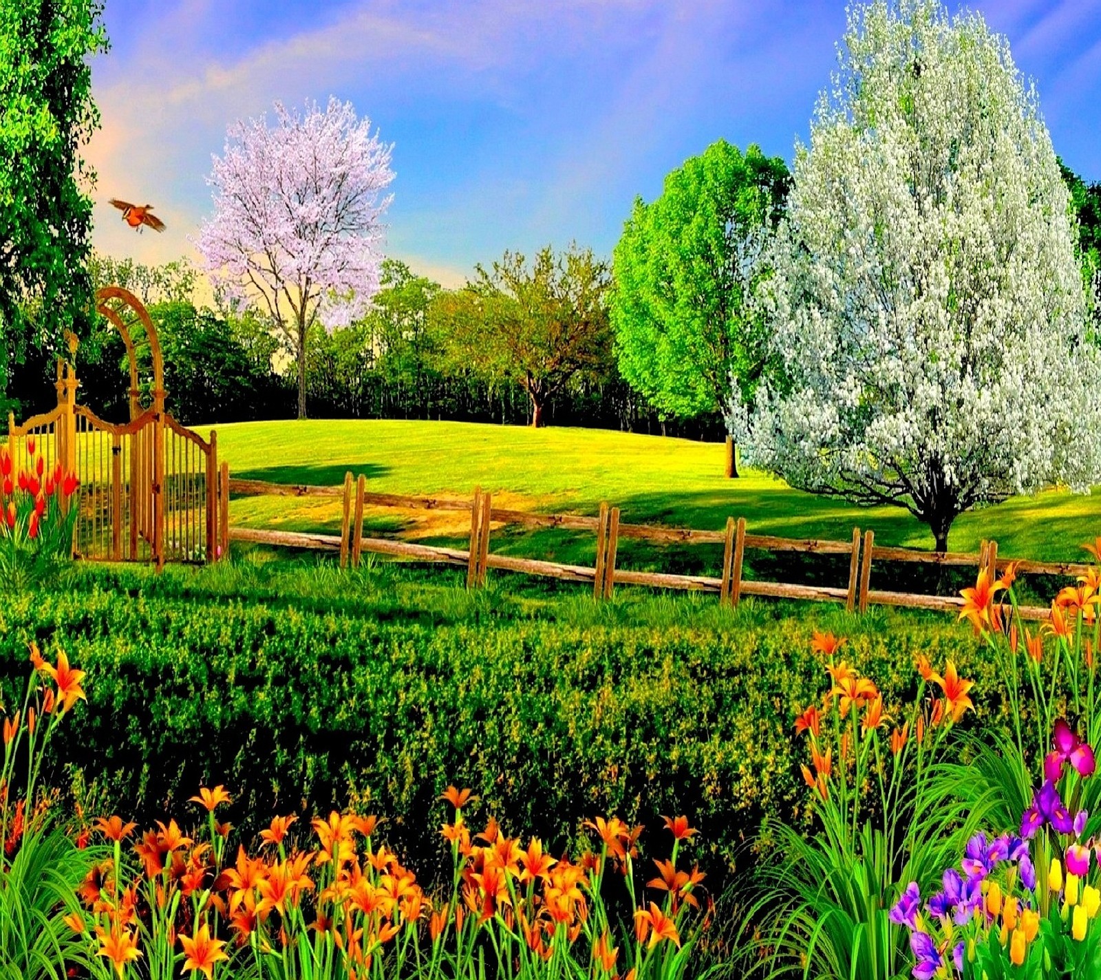 Una pintura de un hermoso jardín con flores y una cerca (naturaleza)