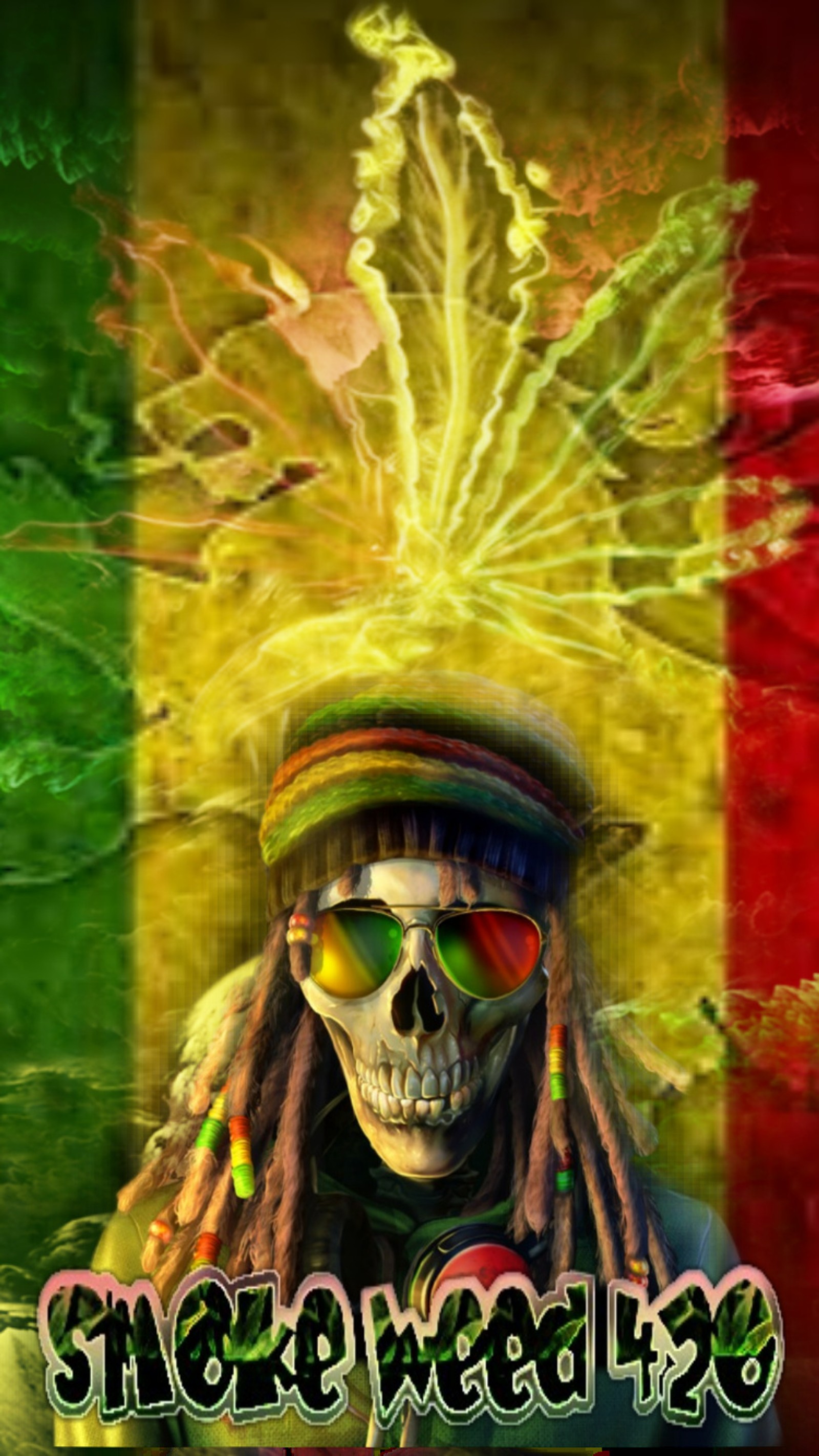 A close up of a skull wearing a hat and sunglasses (chronic, marijuana, rasta)