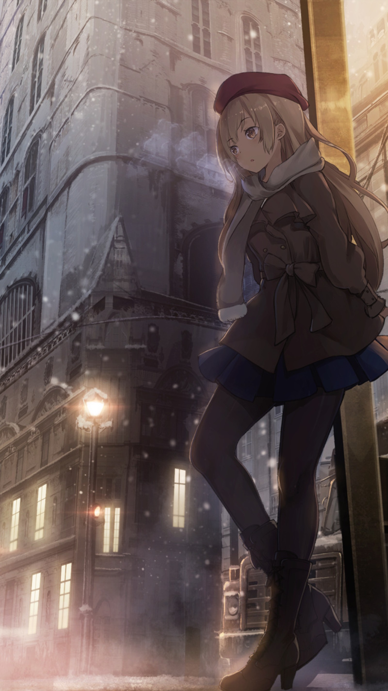 Anime girl leaning on a pole in the snow in front of a building (anime girl, cute, lonely)