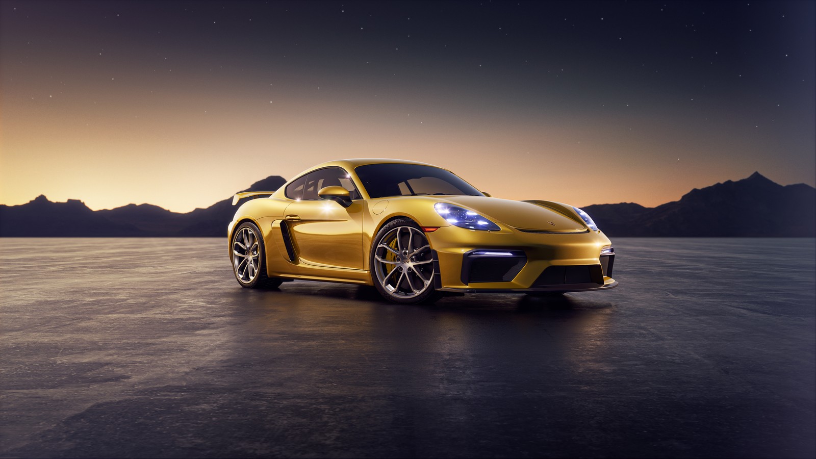 Желтая порше, припаркованная в пустынной местности ночью (porsche 718 cayman gt4, спортивные автомобили, машины, обои 4k)