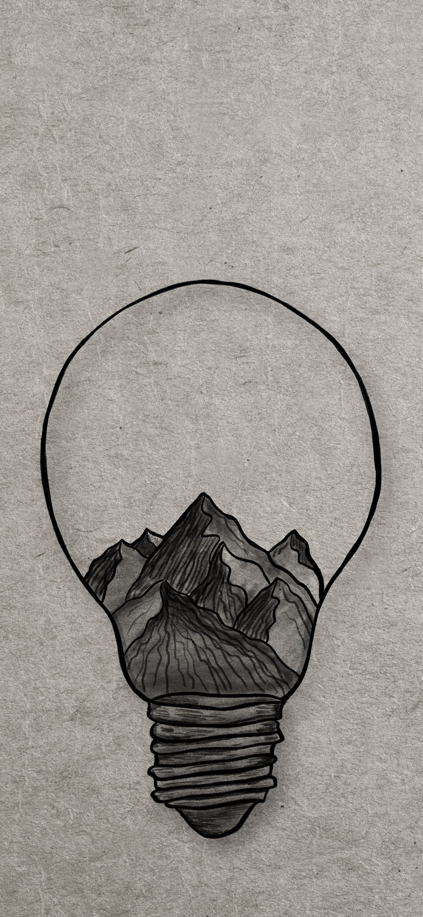 There is a drawing of a light bulb with mountains in it (drawing, art, painting, sketch, design)