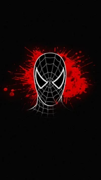 Cabeza minimalista de Spider-Man con fondo de salpicaduras en azul eléctrico y rojo