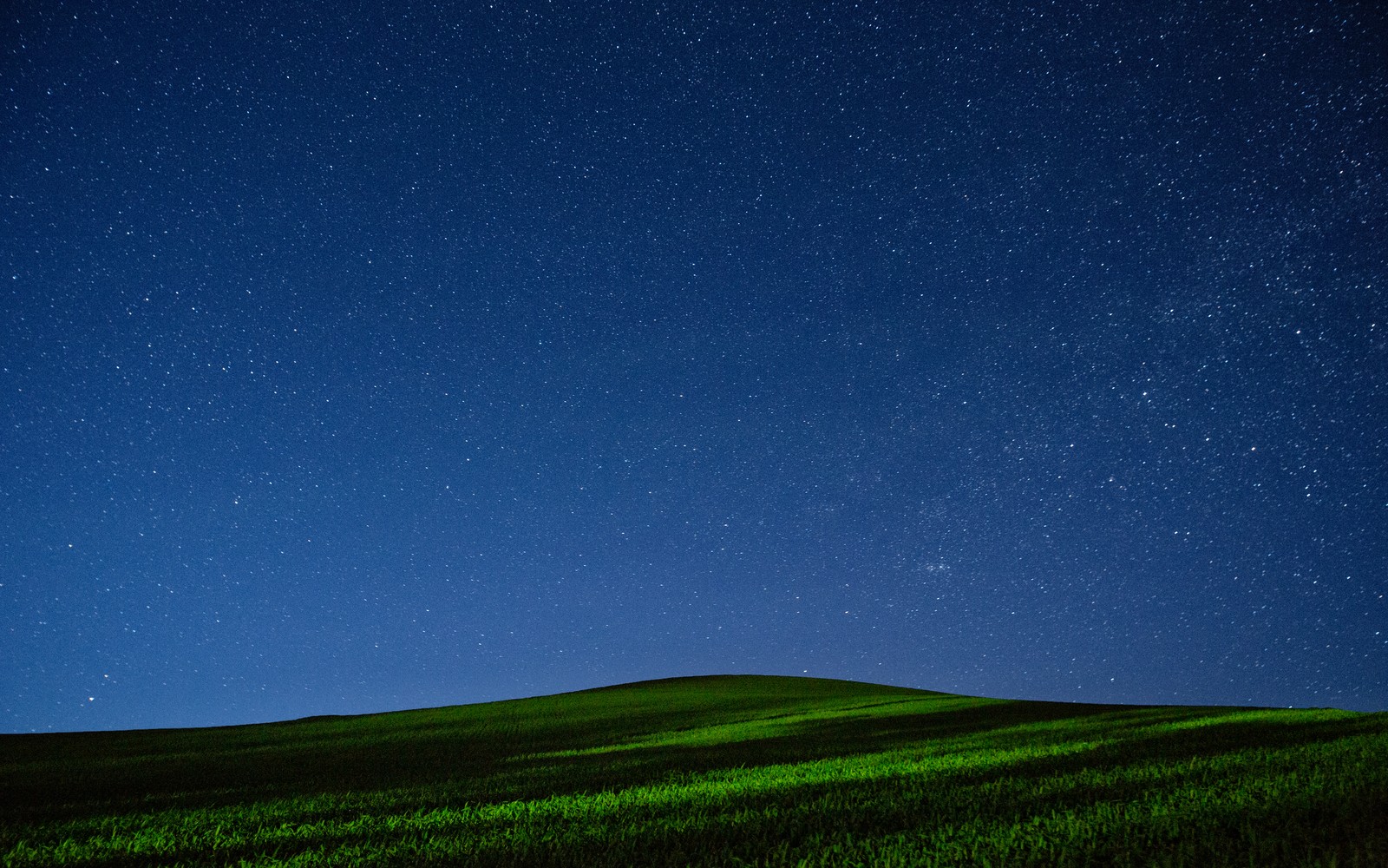 Uma árvore solitária está em um campo gramado sob um céu estrelado (palouse region, estado de washington, prado verde, tempo noturno, céu estrelado)