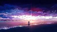 beach, waves, sunrise, anime, scenery wallpaper