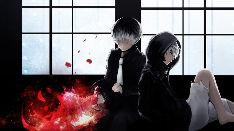 Аниме, двое людей сидят на скамейке у красного огня (токийский гуль, tokyo ghoul, аниме, anime, упырь)