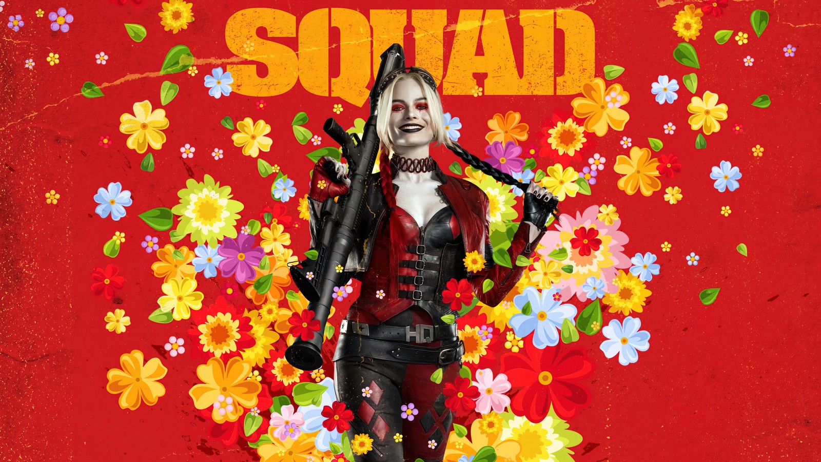 Eine frau in einem roten outfit mit einem gewehr und blumen (die suicide squad, 2021, film, harley quinn, plakat)