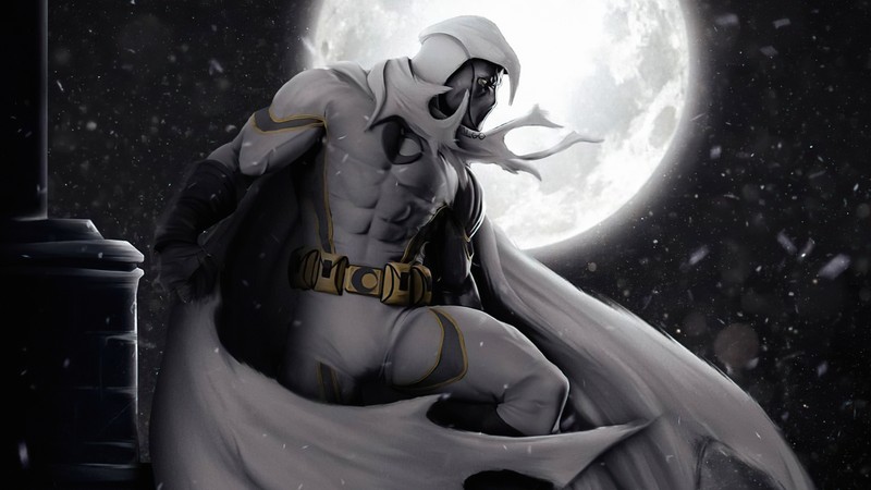 Бэтмен в снегу с полной луной за ним (тьма, лунный рыцарь, moon knight, суперзлодей, цифровое искусство)