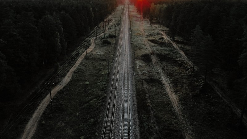 Размытые железнодорожные пути в лесу на фоне заката (тьма, мост, свет, чёрный, железнодорожный транспорт)