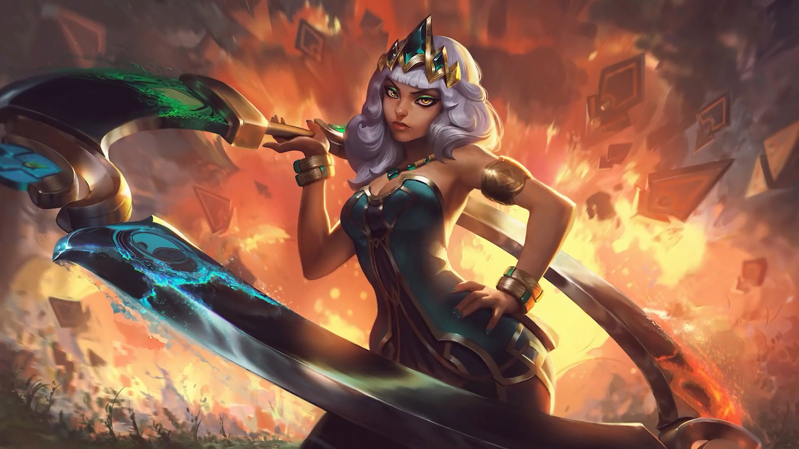 Eine frau in einem schwarzen kleid, die ein schwert und ein schwert hält (qiyana, kunstwerk, lol, league of legends, videospiel)