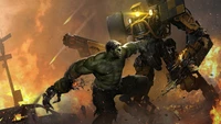 Hulk Battles a Massive Robot in a Fiery Showdown