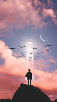 Silhouetted Figure at Dusk Beneath a Lighthouse and Soaring Birds