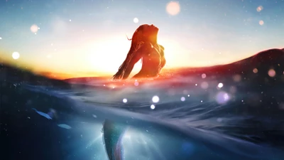 Ariel Emerges from the Ocean at Sunset: A Captivating Moment from The Little Mermaid