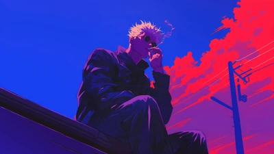 Satoru Gojo in a contemplative pose, smoking against a vibrant, colorful sky.