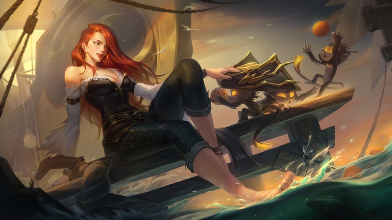 Женщина сидит на лодке с пиратским кораблем на заднем плане (мисс фортуна, miss fortune, league of legends, lol, видеоигра)